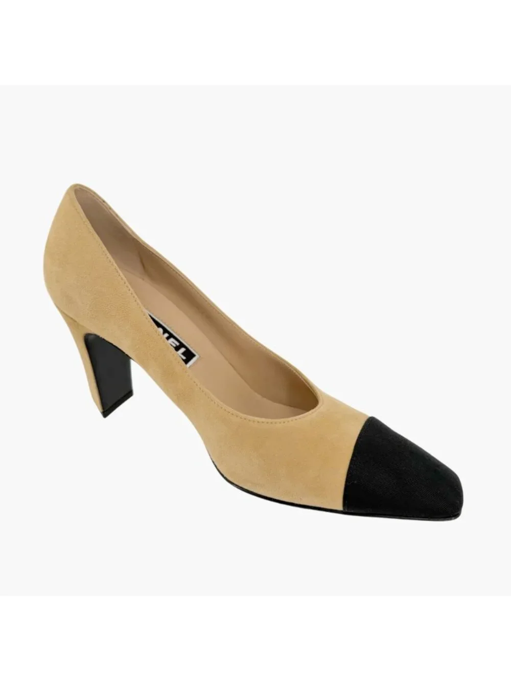 Chanel CC Cap Toe Pumps Heels Beige Black Two Tone Size 38.5 US 7.5-8 Crystal